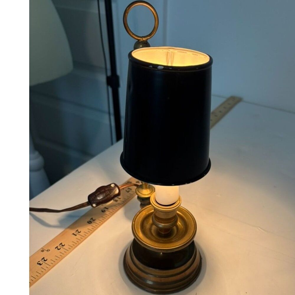 vtg brass chamberstick style lamp with black metal shade